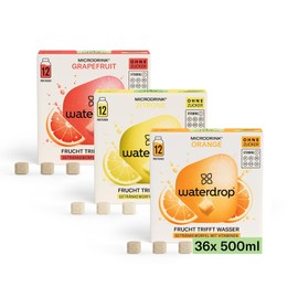waterdrop® Microdrink Limonade: Orange, Zitrone, Grapefruit, 36 Drops Würfel , zuckerfreies Getränkpulver, 3 fruchtige Sorten, Frucht- und Pflanzenextrakten, mit wertvollen Vitaminen, Wasserzusatz