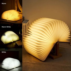 LOVUMMOR Book Lamp Folding Mood Light, Novelty LED Night Light Book-Shaped Light, USB Rechargeable Wooden Bedside Table Lamp Decor Light, Birthday Gift