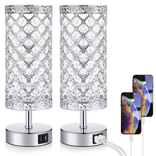 K9 Crystal Decorative Lamp For Table, Desk, Nightstand, Bedside, Set of 2 with 2 USB Charging Ports, Touch Control , 3-Way Dimmable for Bedroom, Girls Guest Room, Living Room, Bulbs Included