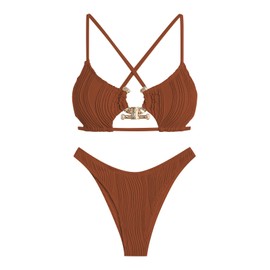 ZAFUL Women's Cutout Bikini Criss Cross Textured Metal High Leg Bikini Sets Cheeky Swimswear Two Piece Swimsuit Brown