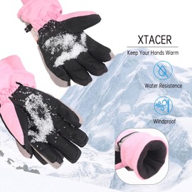 XTACER Kids Ski Snow Gloves Snowboard Winter Warm Cold Weather Gloves for Boys Girls Children (Light Pink,6-8 Years)