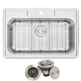 CozyBlock 33 x 22 x 9 Inch Top-mount/Drop-in Stainless Steel Single Bowl Kitchen Sink with Strainer and Protective Bottom Grid - 18 Gauge Stainless Steel-1 Faucet Hole