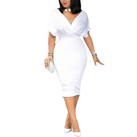 qfmqkpi Lady's Sexy Pearls Off Shoulder 1950s Style Formal Dress Knee-Length Wedding Cocktail Pencil Dress White XL