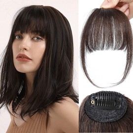 Clip in Bangs 100% Human Hair Wispy Bangs Hair Clip Air Bangs Clip in Fringe With Temple Clip on Bangs Fringe Clip in Hair with Temples Bangs Hair Clip (Dark Brown, Wispy Bangs)