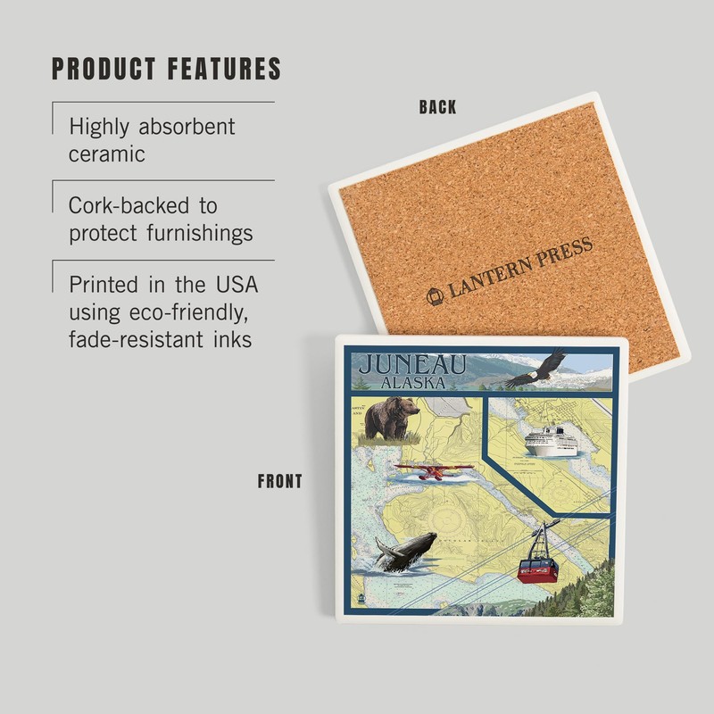 Juneau, Alaska, Nautical Chart (Absorbent Ceramic Coaster, Single, Cork Back,