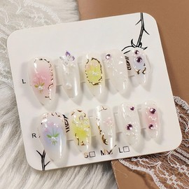 Handmade Press on Nails Almond Medium Length 3D Pearl Nails Acrylic Fake Nails False Nails with Flower Butterfly Designs Full Cover Artificial Nail Rhinestones Stick on Nail for Women DIY 10Pcs(L)
