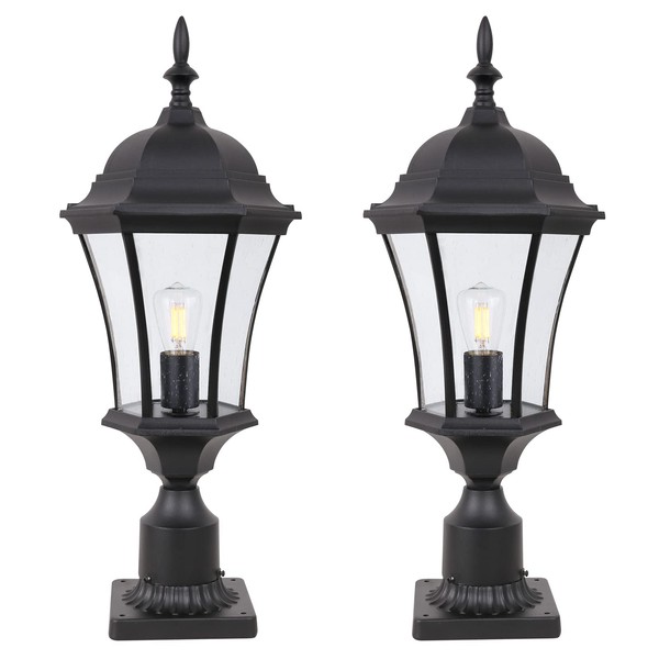 GOALPLUS Outdoor Post Light Fixture with Pier Mount for Yard 24" High 60W Post Lamp for Driveway Matte Black Post Lantern with Clear Seeded Glass, 2 Pack, LM4610-M-BK-2P