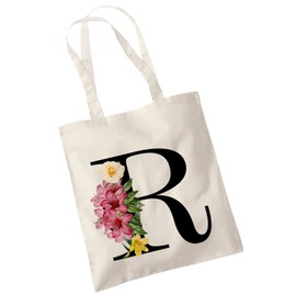 Bang Tidy Clothing Floral Canvas Bags Gifts for Bridesmaid - A/Z Monogram Initial Cotton Canvas Tote Bag for Wedding Bridal Shower Bridesmaids - Hen Do Party Gift Totes Bags for Women Letter-R