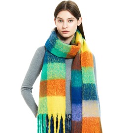 Lopsity Winter Women Warm Scarf Large Scarf Colorful Chunky Plaid Scarf Big Shawl Blanket Scarves Cold Weather Thick Blanket Scarfs Warm Shawl Women (COLOR-GREEN)