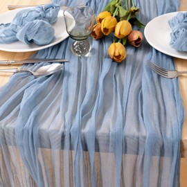 MLMC Dusty Blue Table Runner 10ft Boho Gauze Blue Cheesecloth Table Runner Rustic Cheese Cloth Centerpiece 35x120 Inches for Wedding Bridal Shower Baby Shower Party Decor
