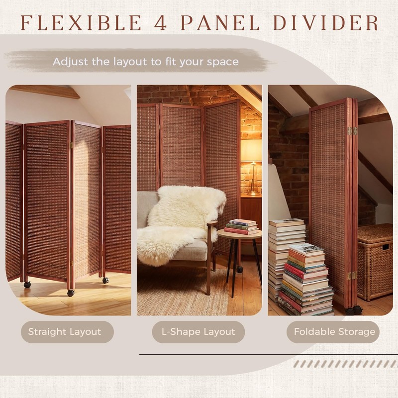 Yoojahow 4 Panel Rolling Bamboo Short Room Divider with Wheels,