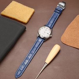 Moran Quick Release Leather Watch Bands Deployment Butterfly Buckle Calfskin Replacement Watch Strap for Men & Women, Blue-White-Line-Silver Buckle, 18mm
