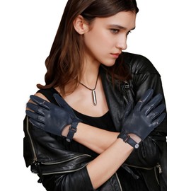 FIORETTO Women's Leather Driving Gloves –Touchscreen Unlined & Lightweight Soft Sheepskin Gloves for Motorcycle Navy Blue Large