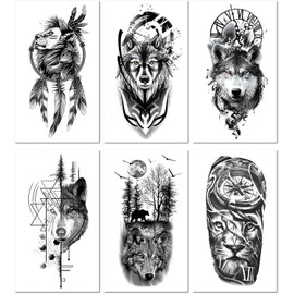 6 Hojas De Pegatinas De Tatuajes Temporales Impermeables De Animales Pequeños De León, Lobo Y Oso Para Brazo Completo
