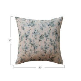 Creative Co-Op, Natural, Green and Brown Square Linen and Cotton Printed Pillow with Pine Bough Pattern