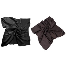 New Pack of 2 Satin Solid Plain Silk Shiny Scarf Hijab Square Head Neck Wrap 90x90 cm… (Black-Dark Brown)