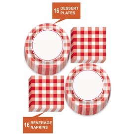 Checkered Plaid Gingham Picnic Party Supplies for Backyard Barbeques and Cookouts (Red and White Checkered Gingham Picnic Party Paper Dinner Plates and Luncheon Napkins) - Red and White Dinner Plates