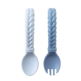 Itzy Ritzy Silicone Spoon & Fork Set; Baby Utensil Set Features A Fork and Spoon with Looped, Braided Handles; Made of 100% Food Grade Silicone & BPA-Free; Ages 6 Months and Up, Blue
