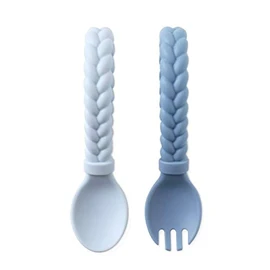 Itzy Ritzy Silicone Spoon & Fork Set; Baby Utensil Set Features A Fork and Spoon with Looped, Braided Handles; Made of 100% Food Grade Silicone & BPA-Free; Ages 6 Months and Up, Blue