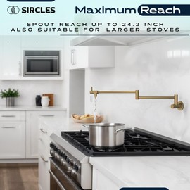 SIRCLES Pot Filler Faucet - Brushed Gold Finish - Extra Long 26-inch - Wall Mount Stainless Steel - Dual 360° Swing Joints - Teflon Tape & Extra Cartridge Included