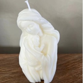 Decorative Madonna and Child Candle, White Wax, Religious Figurine