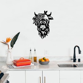 Vinyl Wall Art Decal - Highland Cow - 17" X 20" - Trendy Cute Farm Animal with Flowers Design for Home Office Living Room Kitchen Country Style Shape Store Decor (Black)