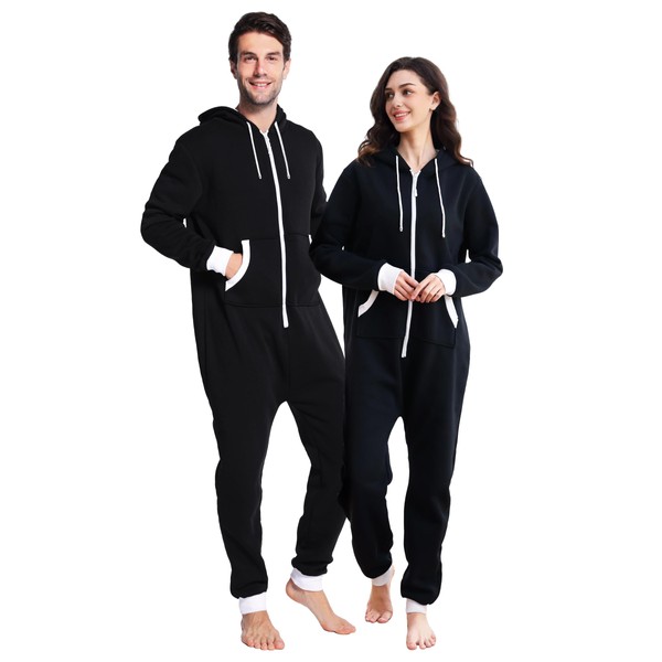 dressfan Unisex Pyjamas One Piece Pyjamas Hood Black Onesie Sleepwear