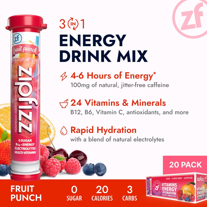 Zipfizz Daily Energy Drink Powder, Fruit Punch, 20 Pack 3-in-1