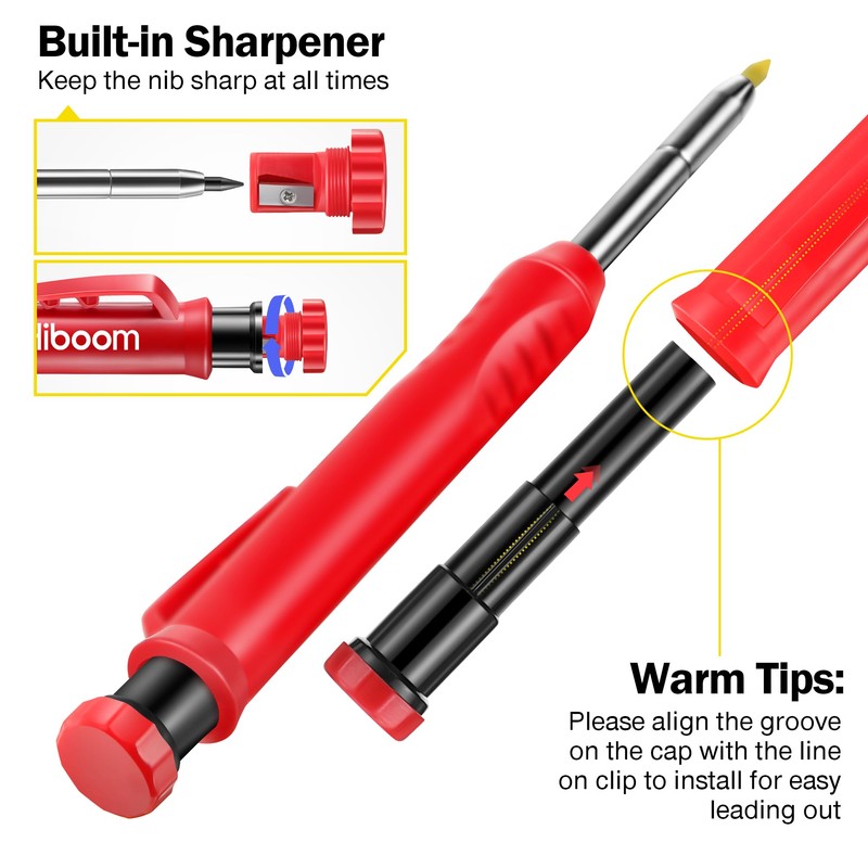 Hiboom 3 Pack Solid Carpenter Pencil with 21 Refill, Long