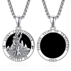 ADMETUS Onyx St Christopher Medal for Men Sterling Silver Saint Christopher Necklace Black Onyx St Christopher Pendant Necklace Mens Protection Jewellery Religious Gifts