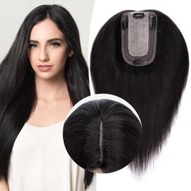 Hairro Clip in Hair Topper for Women 100% Real Remy Human Hair Toppers 150% Density 13 * 7cm Silk Base Hairpiece for Thinning Hair Cover Bald Hair Loss (10 inch, Jet Black)