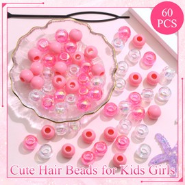 NAISKA 60Pcs Pink Hair Beads for Kids Girls White Clear Bead for Hair Acrylic Dreadlock Bead Cute Hair Beads for Braids Loc Jewelry Braid Clips Accessories