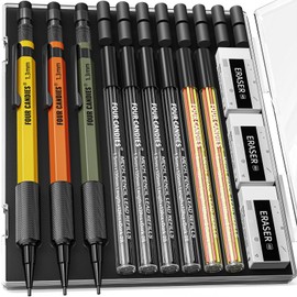 Four Candies 1.3mm Mechanical Pencil Set with 60 Lead Refills, 3PCS Metal Weatherproof Body Heavy Duty Carpenter Pencil, 3 Eraser, 16 Eraser Refills, for Outdoor Woodworking Drafting Marking with Case