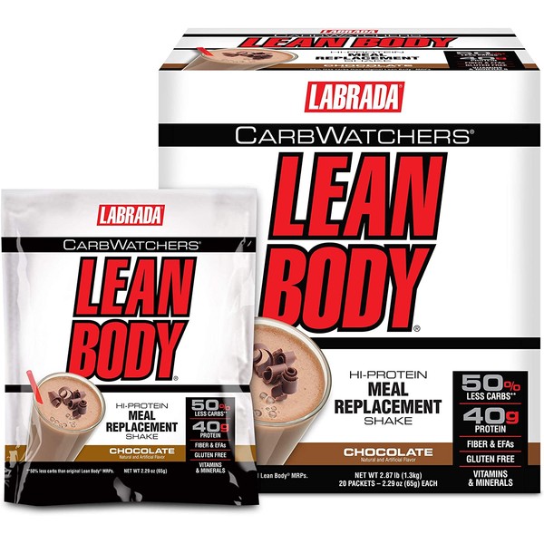 Labrada Nutrition Carb Watchers Lean Body Hi-Protein Meal Replacement Shake, Chocolate Ice Cream, 2.29-Ounce Packets (Pack of 20)