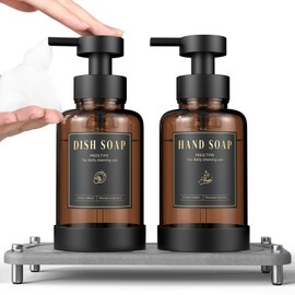Luxspire Foaming Soap Dispenser, Non-Slip Hand Soap Dispenser with 7 Waterproof Labels, 15oz Glass Refillable Liquid Bottle for Bathroom & Kitchen, 2 Pack, Brown + Dark Gray