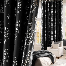 NICETOWN 100% Black Out Curtains 84 inch Long, Grommet Floral Blackout Curtains Branch Pattern Silver Foil Printed Window Treatment for Living Room/Bedroom, W52 x L84, 2 Panels