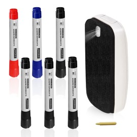ZHIDIAN Glass Whiteboard Markers, Spray Magnetic Eraser & 2-in-1 Reversible Dual Tip - Bullet & Fine Point, Erasable Liquid Dry Erase Pens (4 Black 1 Blue 1 Red) for Acrylic Window Mirrors