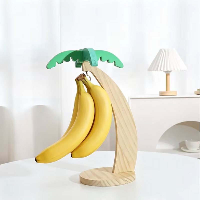 Wooden Banana Holder Stand with Hook & Palm Leaf Accent