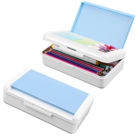 Meiikun Pencil Box, Double Layer Pencil Case, Large Capacity Plastic Pencil Boxes with Snap-tight Lid, Two-Tone Storage Box Organizer for Office School Supplies Teen Girl Boy (Blue)