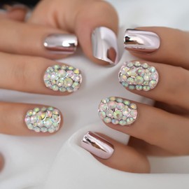 24pcs Metallic Mirror False Fake Nails With Design Short For Office Ladies Student Daily Wear, Full Cover 3D Bling Luxury Artificial Nails Press On Rhinestone Crystal For Wedding Bridal
