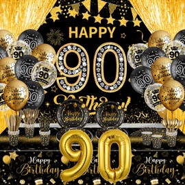 90th Birthday Decorations for Men Women,131PCS Black Gold 90th Birthday Party Supplies with Black Gold Happy 90th Birthday Banner Balloons Napkins Cups Tablecloth Plates for 90th Birthday Decor