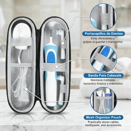 Estuche para Cepillo de Dientes Universal con 6 Protectores, Estuche de Viaje Portátil y Rígido con Bolsillo Interno, Material EVA Compatible con Cepillos Eléctricos y Manuales (Negro)