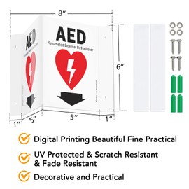 Faittoo AED Sign, AED with Down Arrow - 5 Pack 6 x 8 Inches V-Shaped Acrylic Plastic, 4 Pre-Drilled Holes, Includes Matching Screws, Use for Home Office/Business