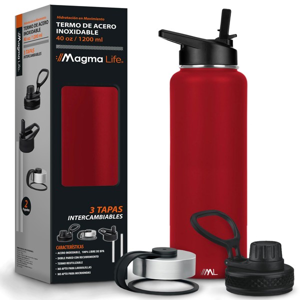 Magma Life Termo para Café y Agua de Acero Inoxidable 40 Oz (1200 ml): Contiene 3 Tapas para Diferentes tipos de Bebidas, Ideal para Mantener la Temperatura Deseada (Fire Red)
