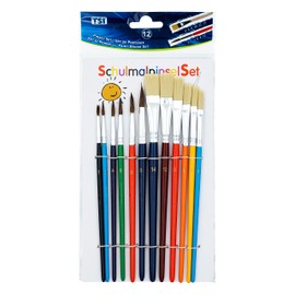 TSI 49111 School Paint Brush Set, 12 Pieces, Hair Brush 1,2,4,6,8,10, Bristle Brush 4,6,8,10,12,14, Shaft Coloured Varnished