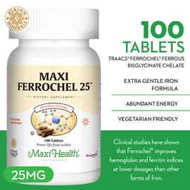 Maxi Health Iron Supplement - Gentle Iron Supplements for Men & Women - Ferrous Fumarate - Ferrochel 25 MG for Anemia & Red Blood Cell Production - Chelated Iron Pills - 100 Kosher Tablets