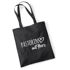 HUURAA Jute Bag Pastorin with Heart Bag Cotton 10 Litres with Motif for the Greatest People Gift Idea for Friends and Family, black