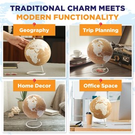 White Cork Globe with Push Pins - 7.3” Push Pin Globe with Map of the World and Rotating Stand for Children or Adults, 100 Red Push Pins - World Globe for Home, Office, Classroom, Travel, Kids