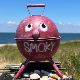 Smoky Ashtrays, Set of 2, Lidded Dome, Red and White, BBQ Grill Party Style, Lacquered Iron, 7.75 Inches