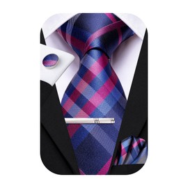 Hi-Tie Classic Mens Silk Ties Set 4 PCS Necktie Pocket Square Cufflinks Clip Pin Solid Strip Paisley Tie,Navy Blue Pink